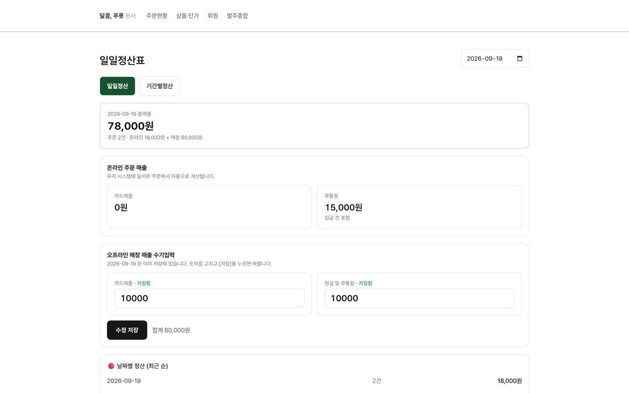 PC 로 본 일일정산표 — 총매출과 온라인·매장 매출, 카드매출과 무통장이 갈려 보인다